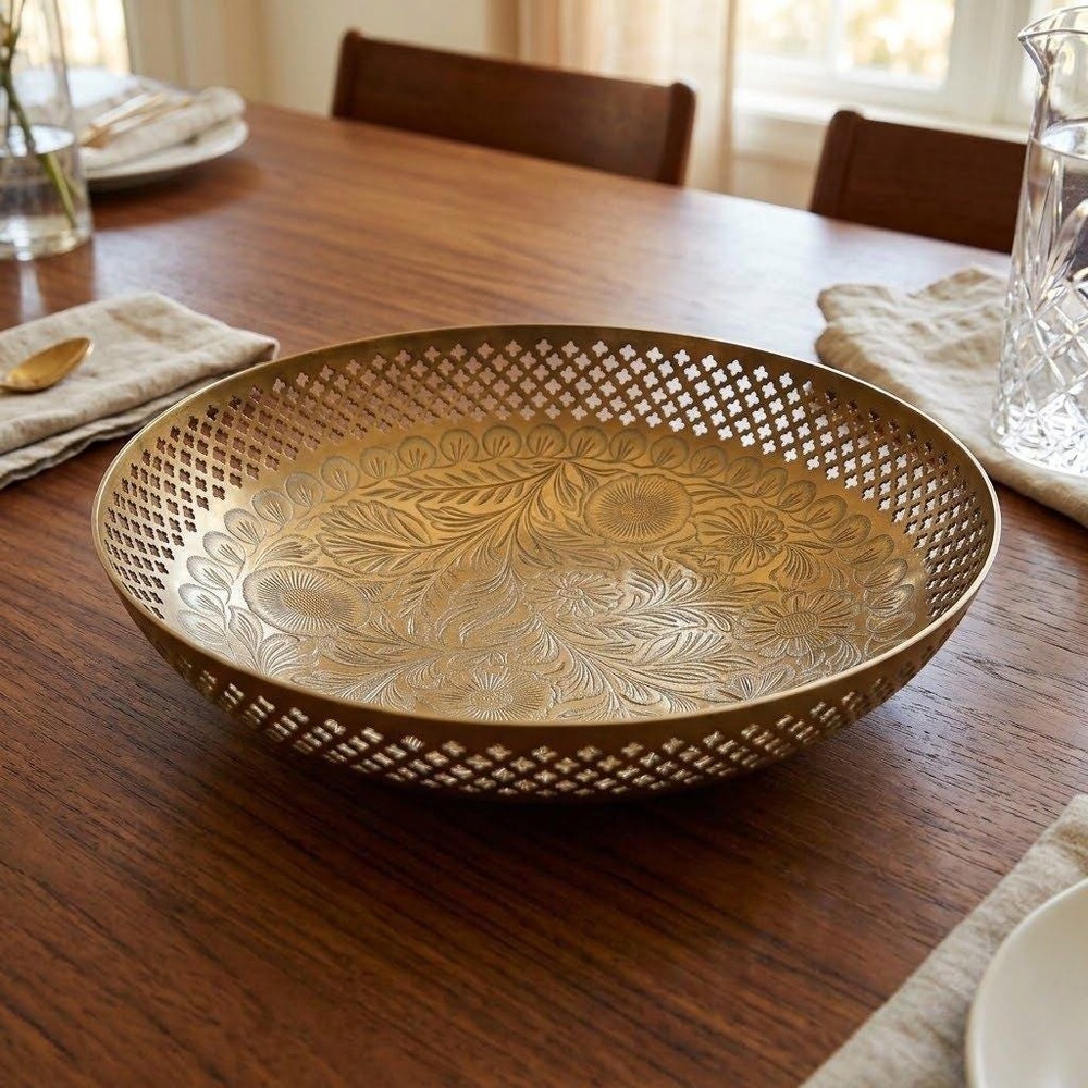 Vintage Etched Brass Bowl Pierced Lattice Floral Centerpiece 9.75 Inch Gold Tone